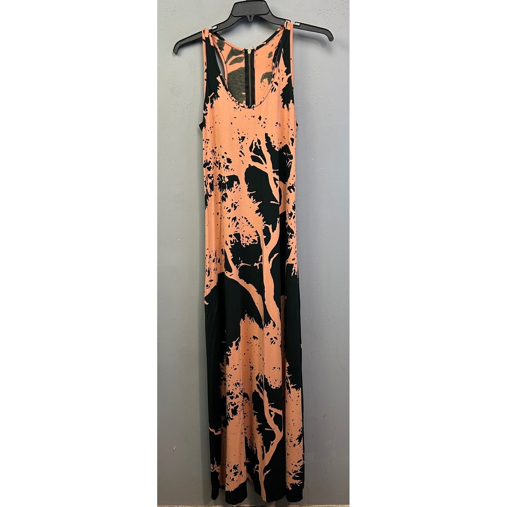 Bel Kazan Dress Womens XL Peach Black Tree Print Sleeveless Maxi Racerback Zip